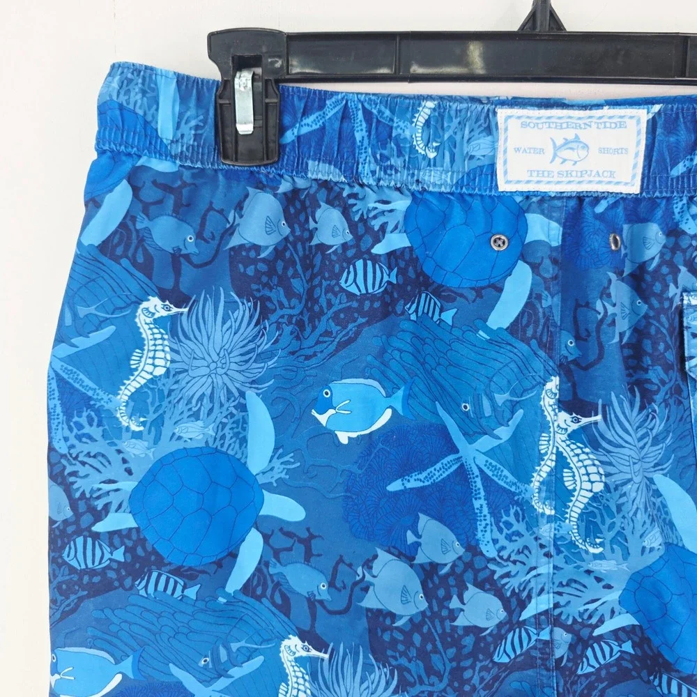 Southern Tide The Skipjack Water Shorts Blue Sea Turtle Seahorse Print Mens M